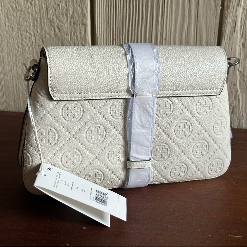 NWT Tory Burch Small T Monogram Pebble Leather Shoulder Bag Warm White MSRP $395 - Picture 4 of 9